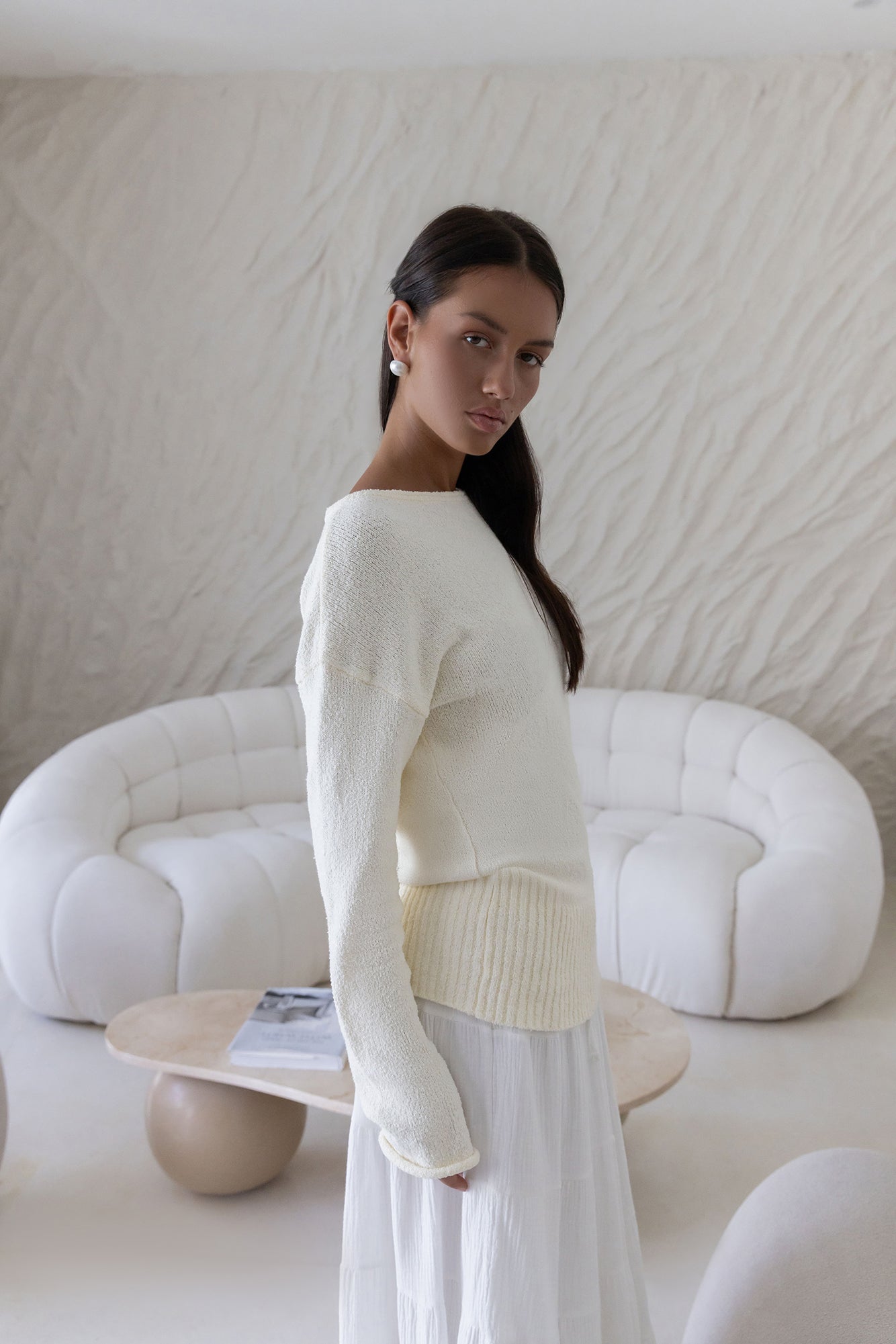 Sugar Petal Off Shoulder Knit Sweater White