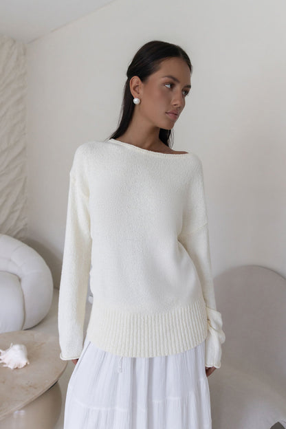 Sugar Petal Off Shoulder Knit Sweater White