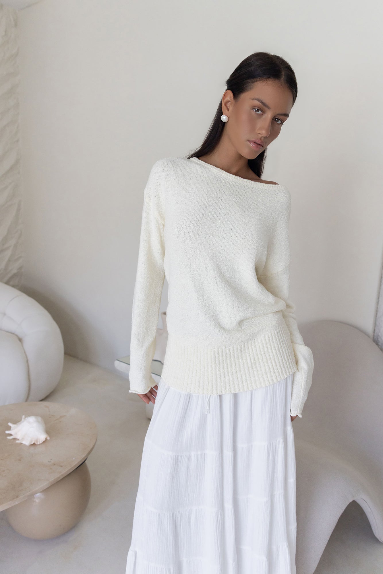 Sugar Petal Off Shoulder Knit Sweater White