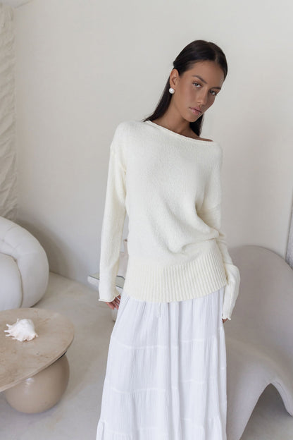 Sugar Petal Off Shoulder Knit Sweater White