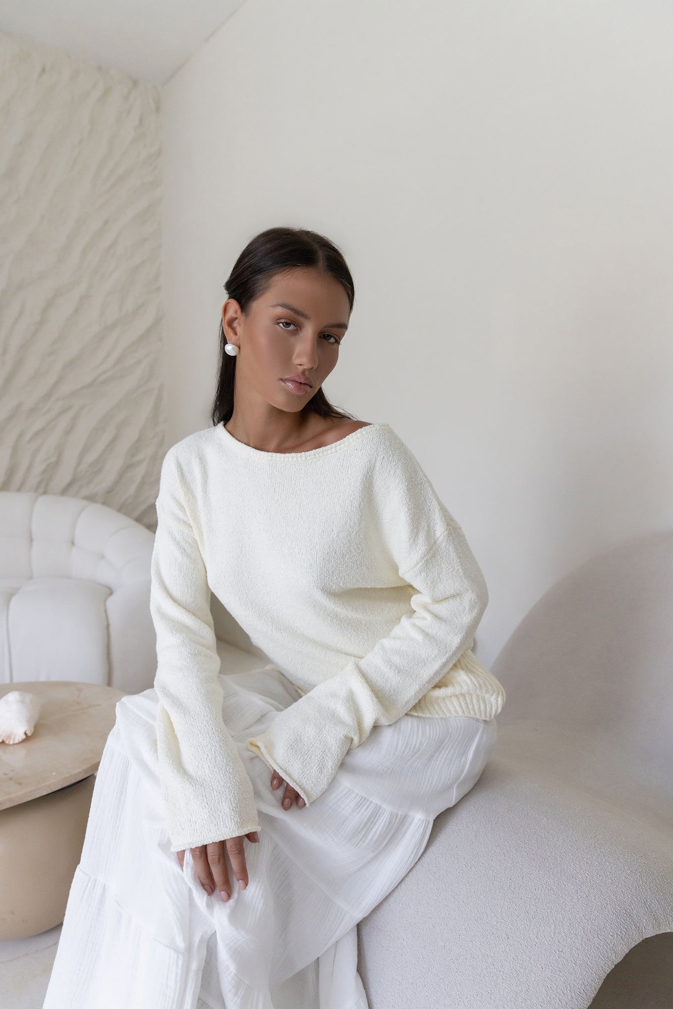 Sugar Petal Off Shoulder Knit Sweater White