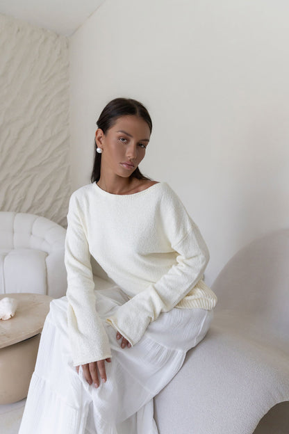 Sugar Petal Off Shoulder Knit Sweater White