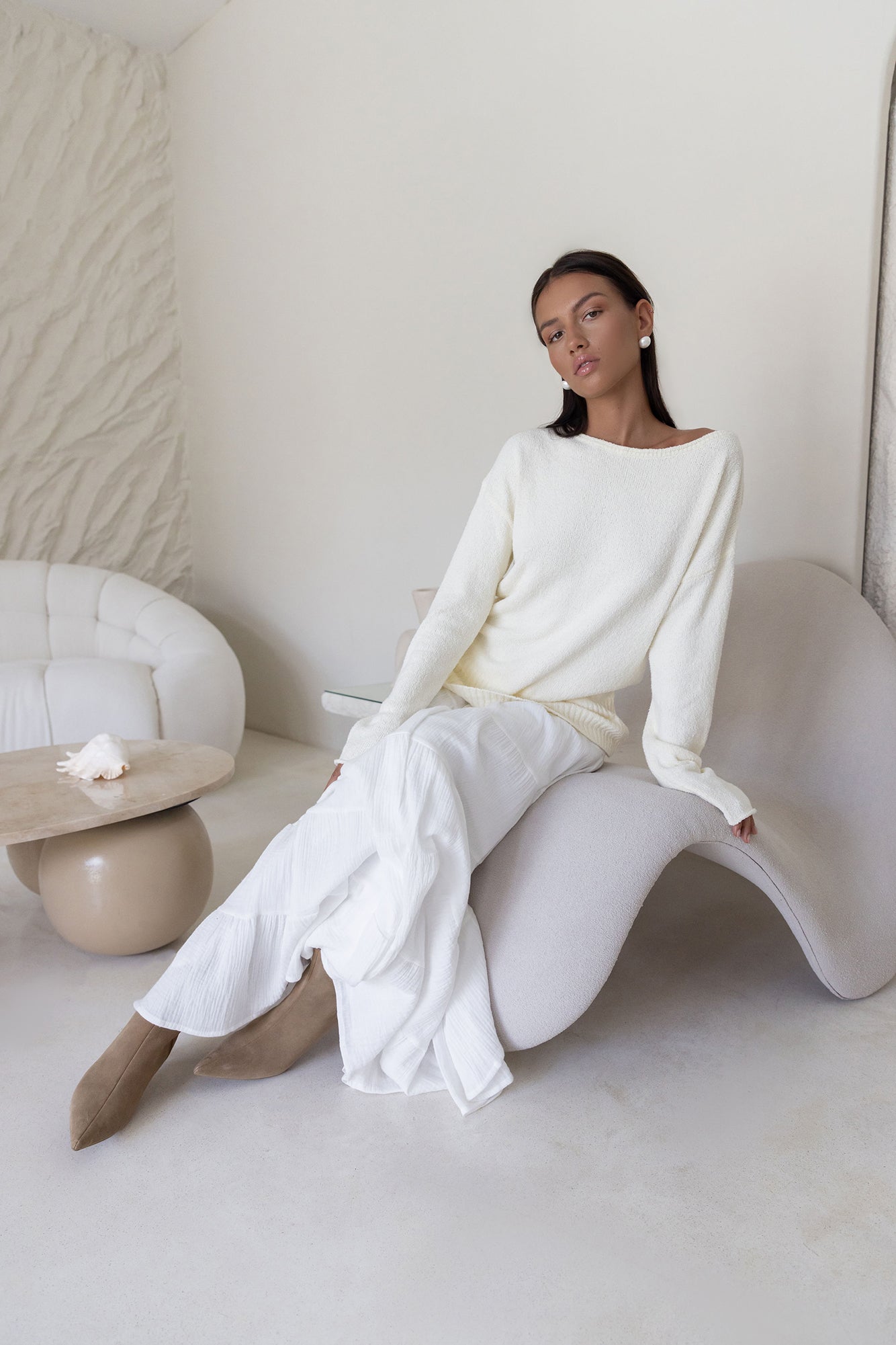Sugar Petal Off Shoulder Knit Sweater White