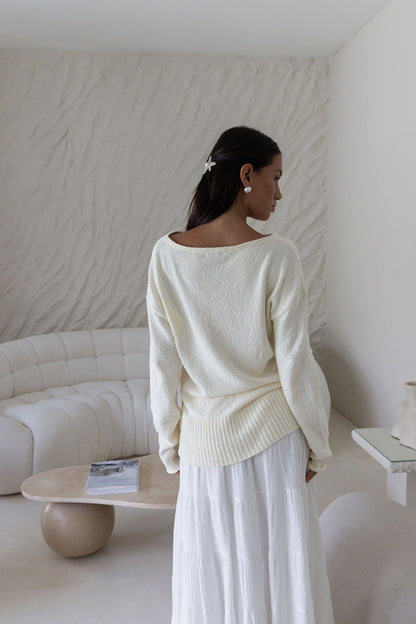 Sugar Petal Off Shoulder Knit Sweater White