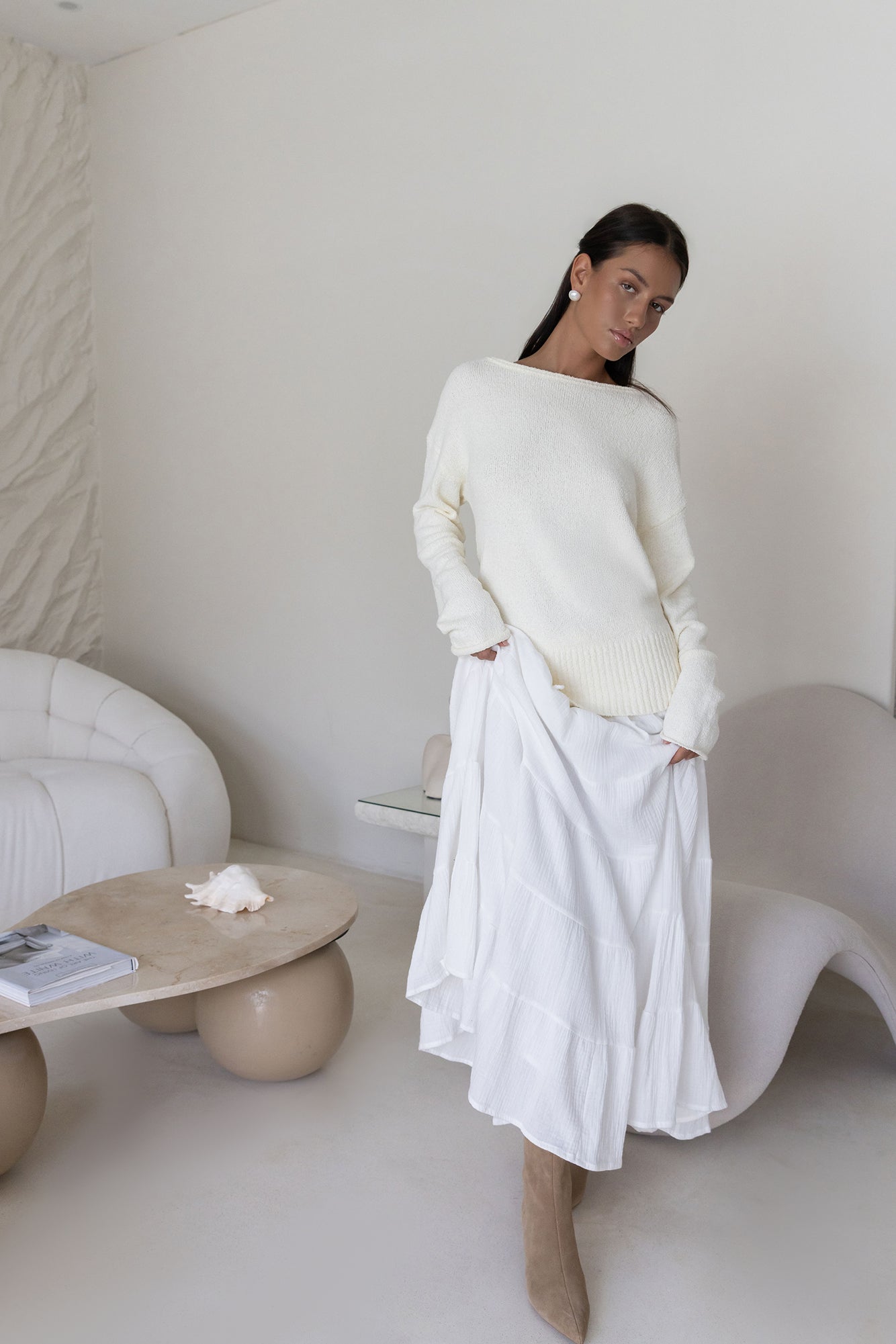 Sugar Petal Off Shoulder Knit Sweater White