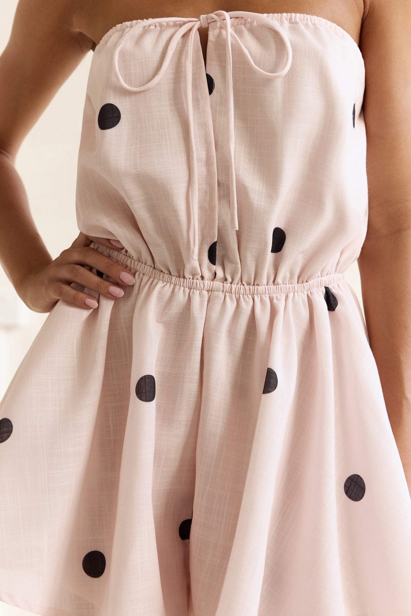 High Hopes Polka Dot Strapless Romper Beige