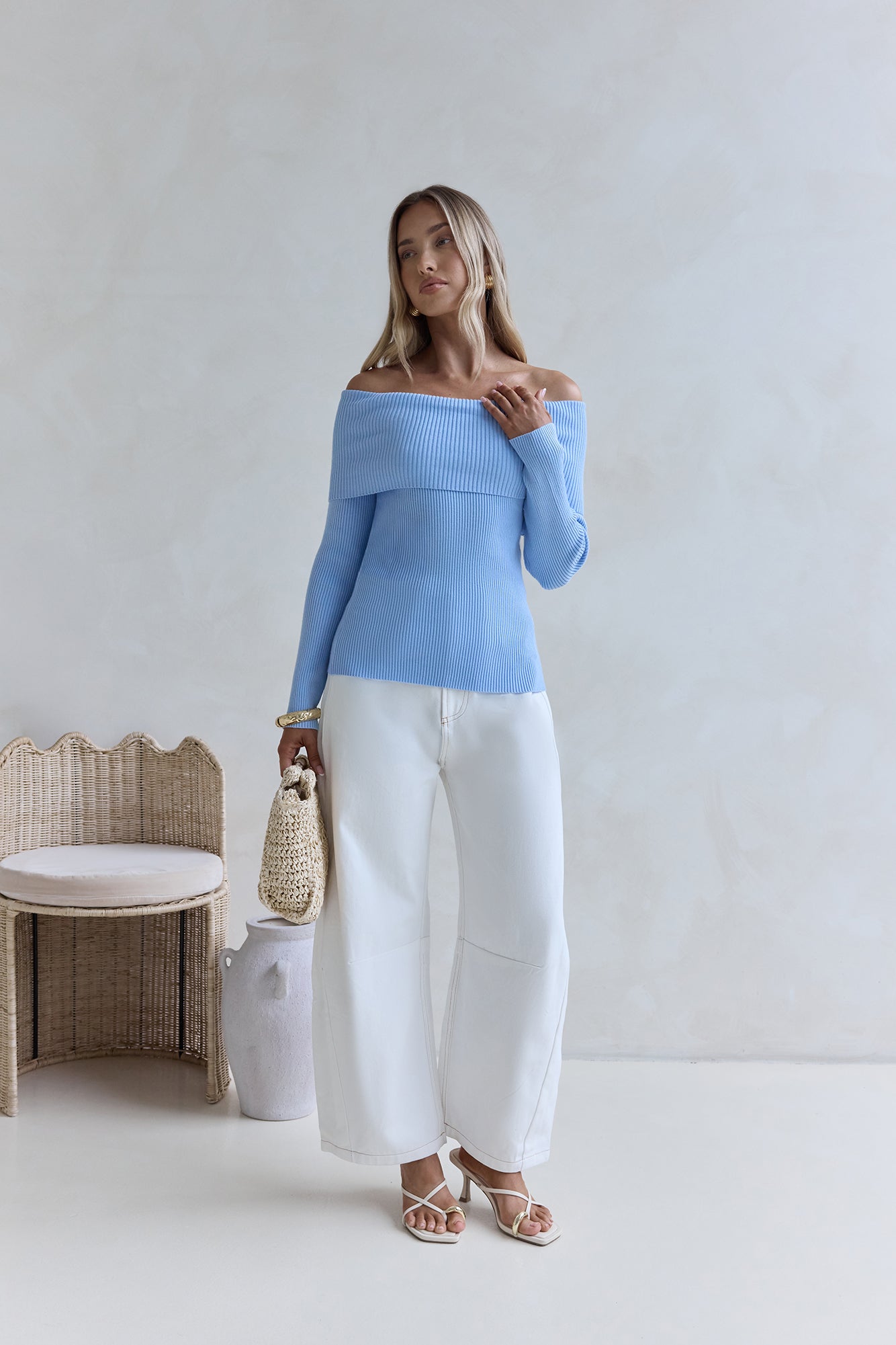 Dreamwave Off Shoulder Knit Top Blue