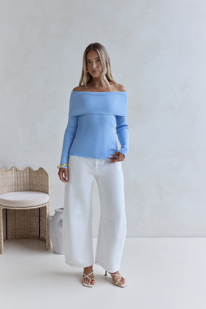Dreamwave Off Shoulder Knit Top Blue