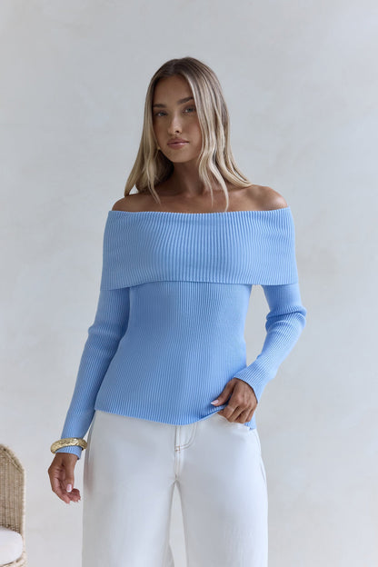 Dreamwave Off Shoulder Knit Top Blue
