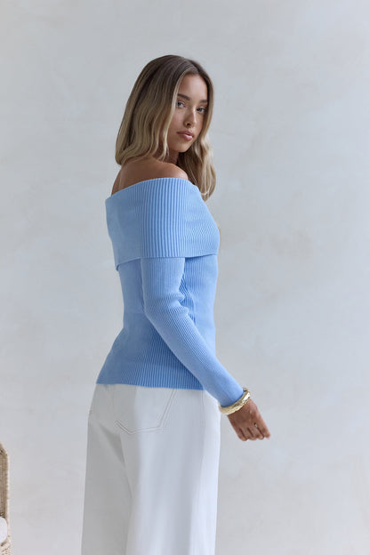 Dreamwave Off Shoulder Knit Top Blue