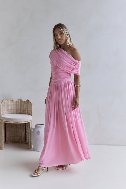 Hidden Flair One Shoulder Mesh Maxi Dress Pink