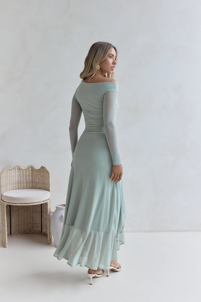 Whispered Secrets Mesh Long Sleeve Maxi Dress Sage