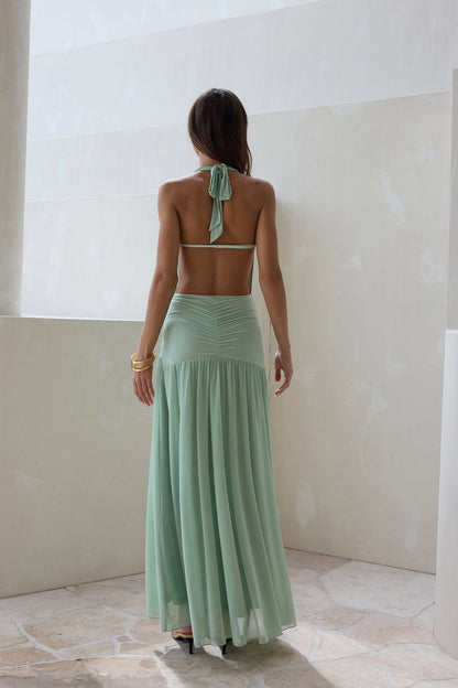 Floating Clouds Halter Mesh Maxi Dress Sage