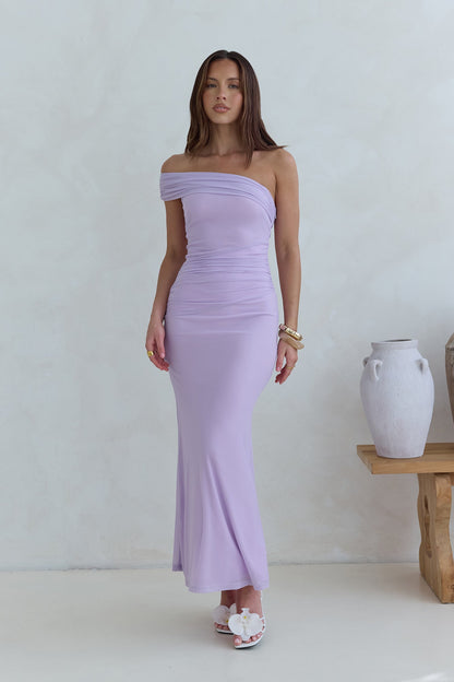 Dahlia One Shoulder Mesh Maxi Dress Lilac