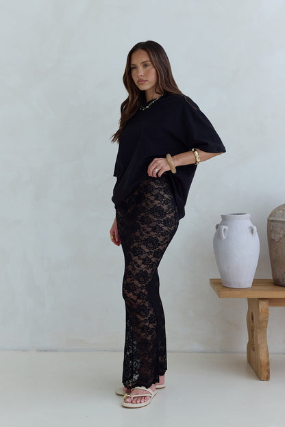 Date In Soho Sheer Lace Maxi Skirt Black