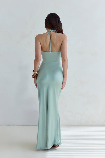 Destinations Halter Satin Maxi Dress Sage