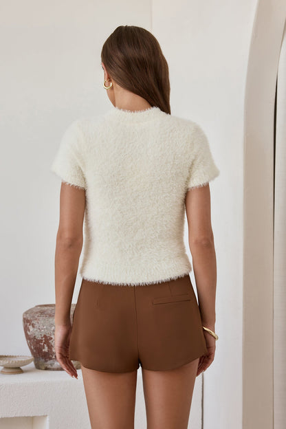 Old Money Hour Fluffy Knit Short Sleeve Sweater White