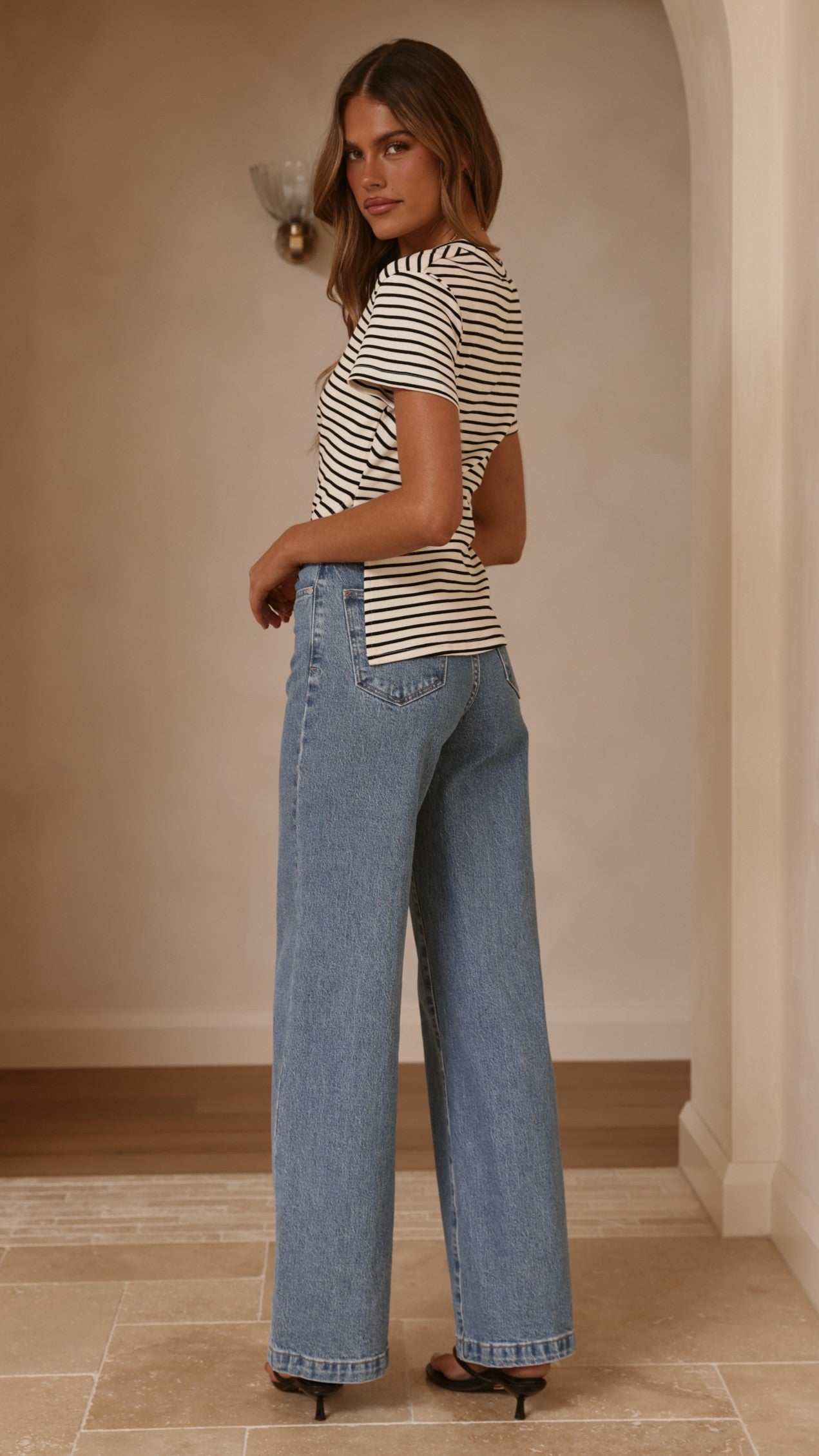 Tiarna Side Ruched Tee - Black/White Stripe
