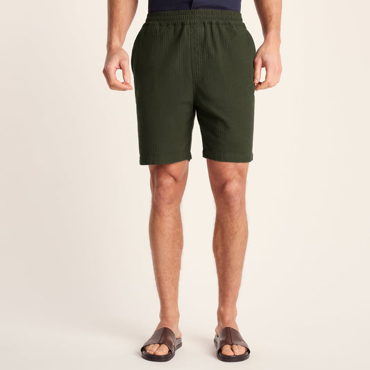 Allento Mens Relaxed Fit Herringbone Fabric Shorts - Dark Olive Green