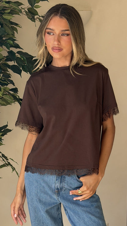 Clare Lace Back T-Shirt - Chocolate