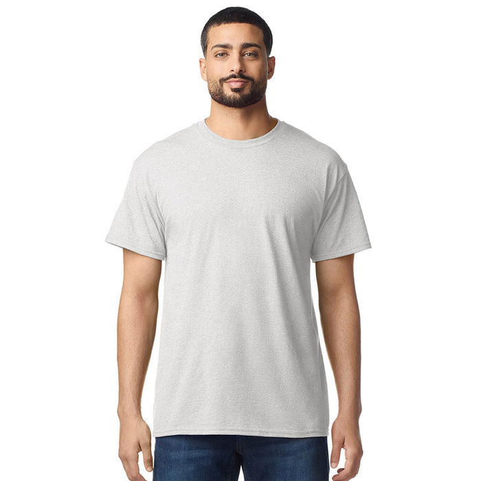 front view model wearing mens gildan short sleeve heavy cotton tshirt ash grey