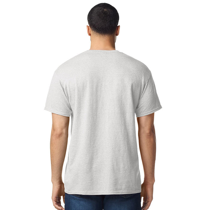 model wearing mens gildan short sleeve heavy cotton tshirt ash grey