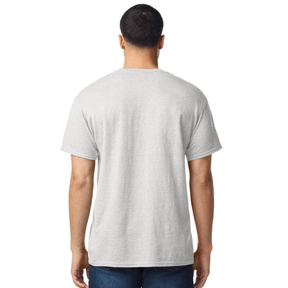 model wearing mens gildan short sleeve heavy cotton tshirt ash grey
