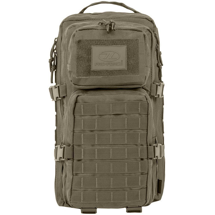 front view of highlander recon ranger green 28l pack with molle loops