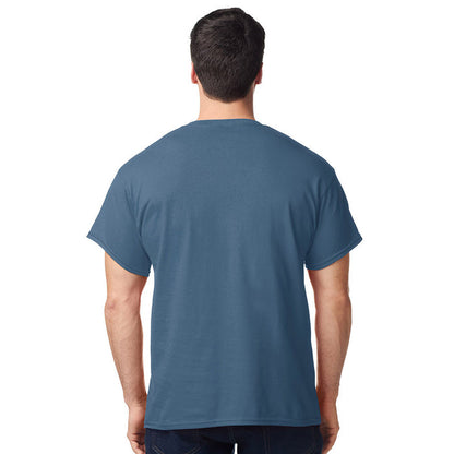 model wearing mens gildan short sleeve heavy cotton indigo blue tshirt