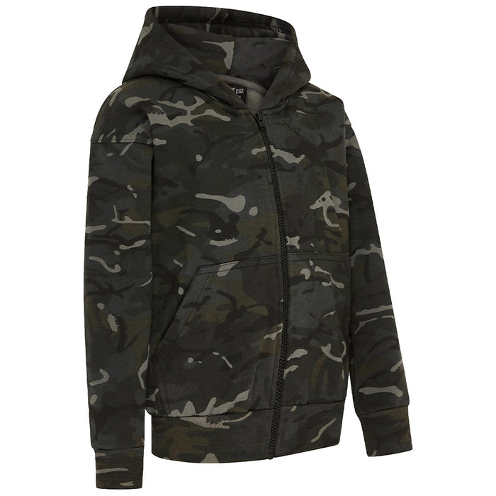 side angle of kombat kids black btp-camo hoodie