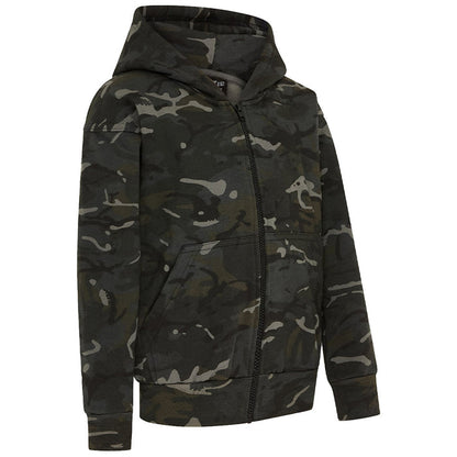 side angle of kombat kids black btp-camo hoodie