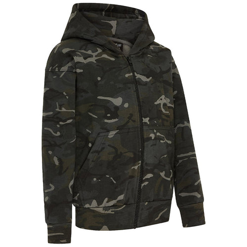 side angle of kombat kids black btp-camo hoodie