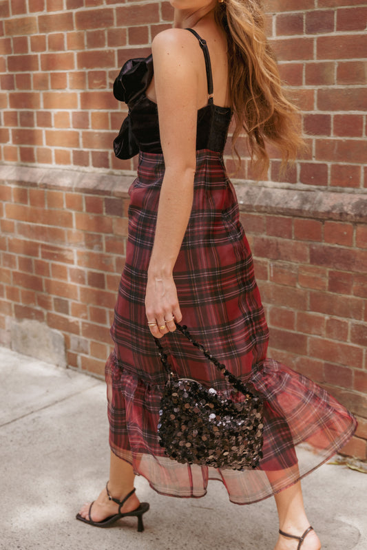 Amelie Bow Front One Shoulder Midi Dress - Red Plaid