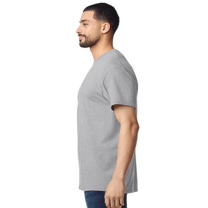 model wearing mens gildan short sleeve heavy cotton tshirt side view sports grey
